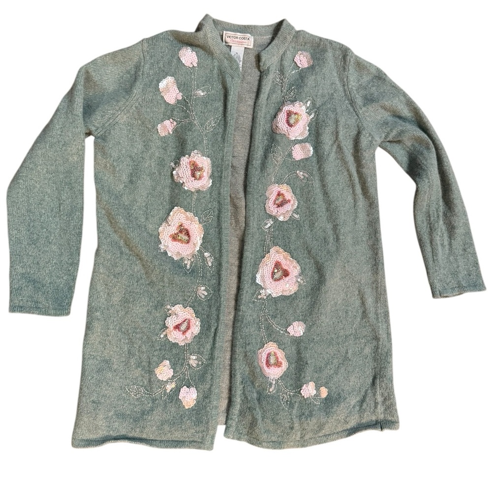Victor Costa Sequin Floral Cardigan Sweater Sage Green Embroidered Vintage Sz XL